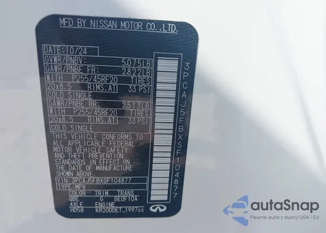 2025 Infiniti Qx50 Sport Awd from USA, damaged, VIN 3PCAJ5FBXSF104877